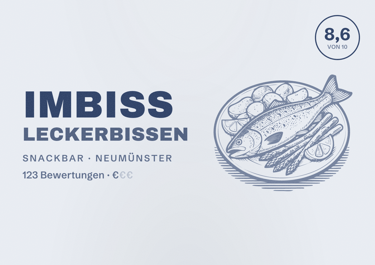 Illustriertes Poster von Imbiss Leckerbissen, Snackbar in Neumünster: Bewertung 8,6 von 10 aus 123 Bewertungen, Preisniveau €