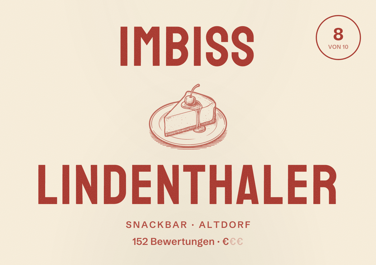 Illustriertes Poster von Imbiss Lindenthaler, Snackbar in Altdorf: Bewertung 8 von 10 aus 152 Bewertungen, Preisniveau €