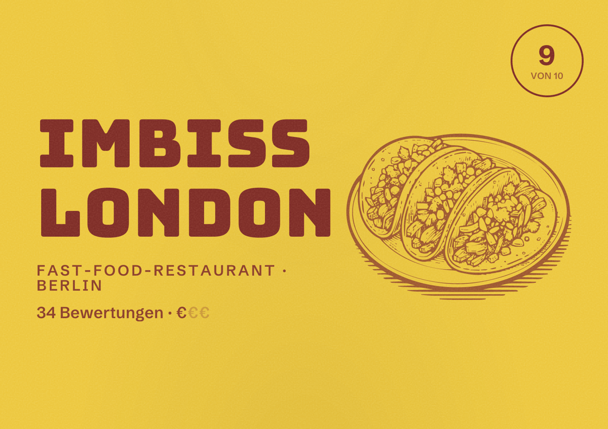 Illustriertes Poster von Imbiss London, Fast-Food-Restaurant in Berlin: Bewertung 9,0 von 10 aus 34 Bewertungen, Preisniveau €