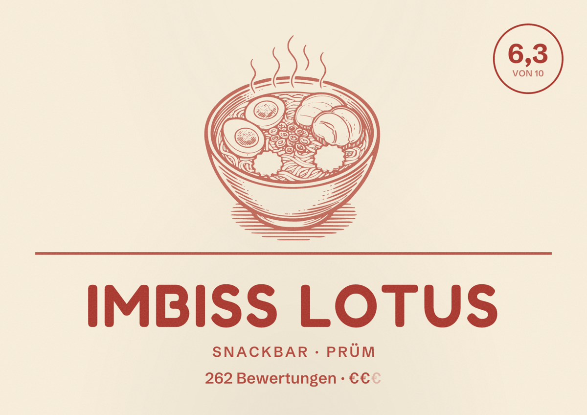 Illustriertes Poster von Imbiss Lotus, Snackbar in Prüm: Bewertung 6,3 von 10 aus 262 Bewertungen, Preisniveau €€