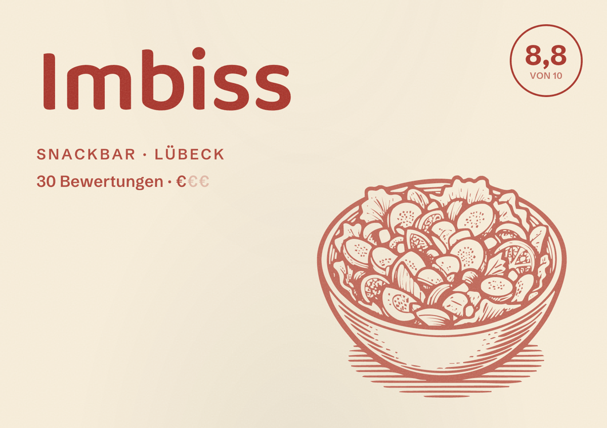 Illustriertes Poster von Imbiss, Snackbar in Lübeck: Bewertung 8,8 von 10 aus 30 Bewertungen, Preisniveau €
