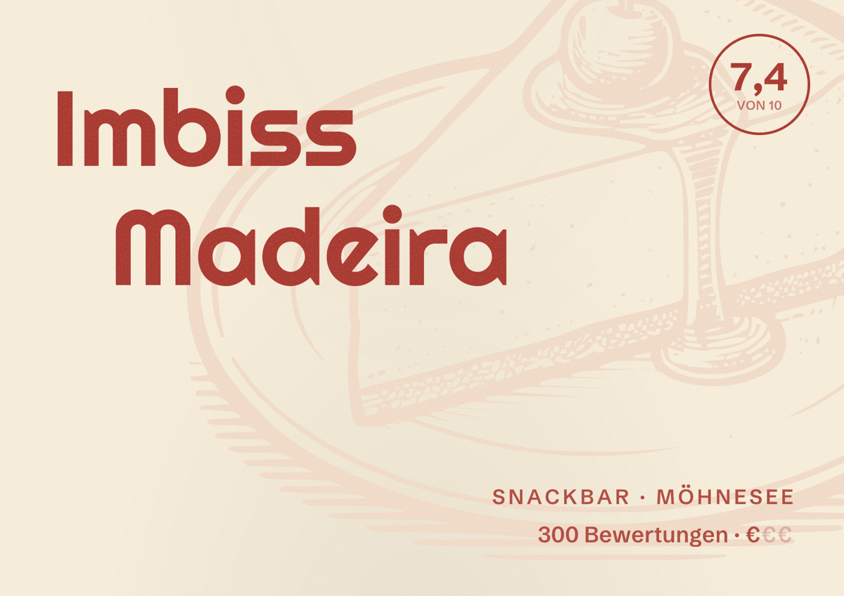 Illustriertes Poster von Imbiss Madeira, Snackbar in Möhnesee: Bewertung 7,4 von 10 aus 300 Bewertungen, Preisniveau €