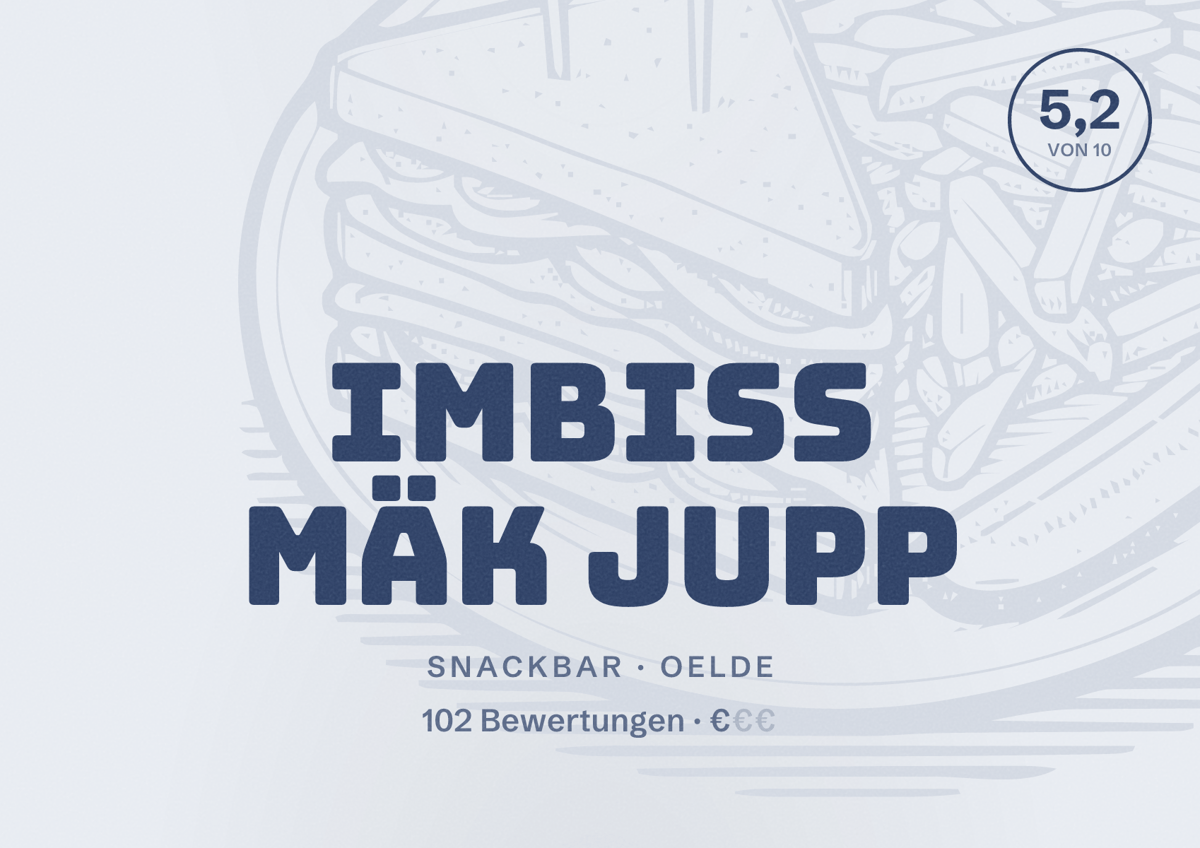 Illustriertes Poster von Imbiss Mäk Jupp, Snackbar in Oelde: Bewertung 5,2 von 10 aus 102 Bewertungen, Preisniveau €