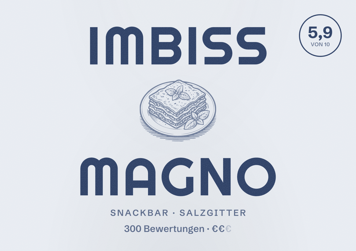 Illustriertes Poster von Imbiss Magno, Snackbar in Salzgitter: Bewertung 5,9 von 10 aus 300 Bewertungen, Preisniveau €€