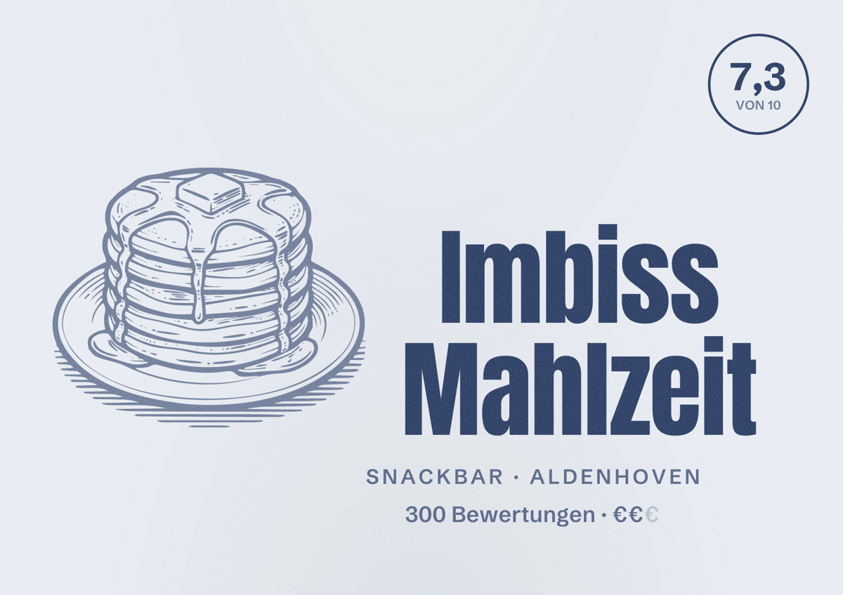 Illustriertes Poster von Imbiss Mahlzeit, Snackbar in Aldenhoven: Bewertung 7,3 von 10 aus 300 Bewertungen, Preisniveau €€