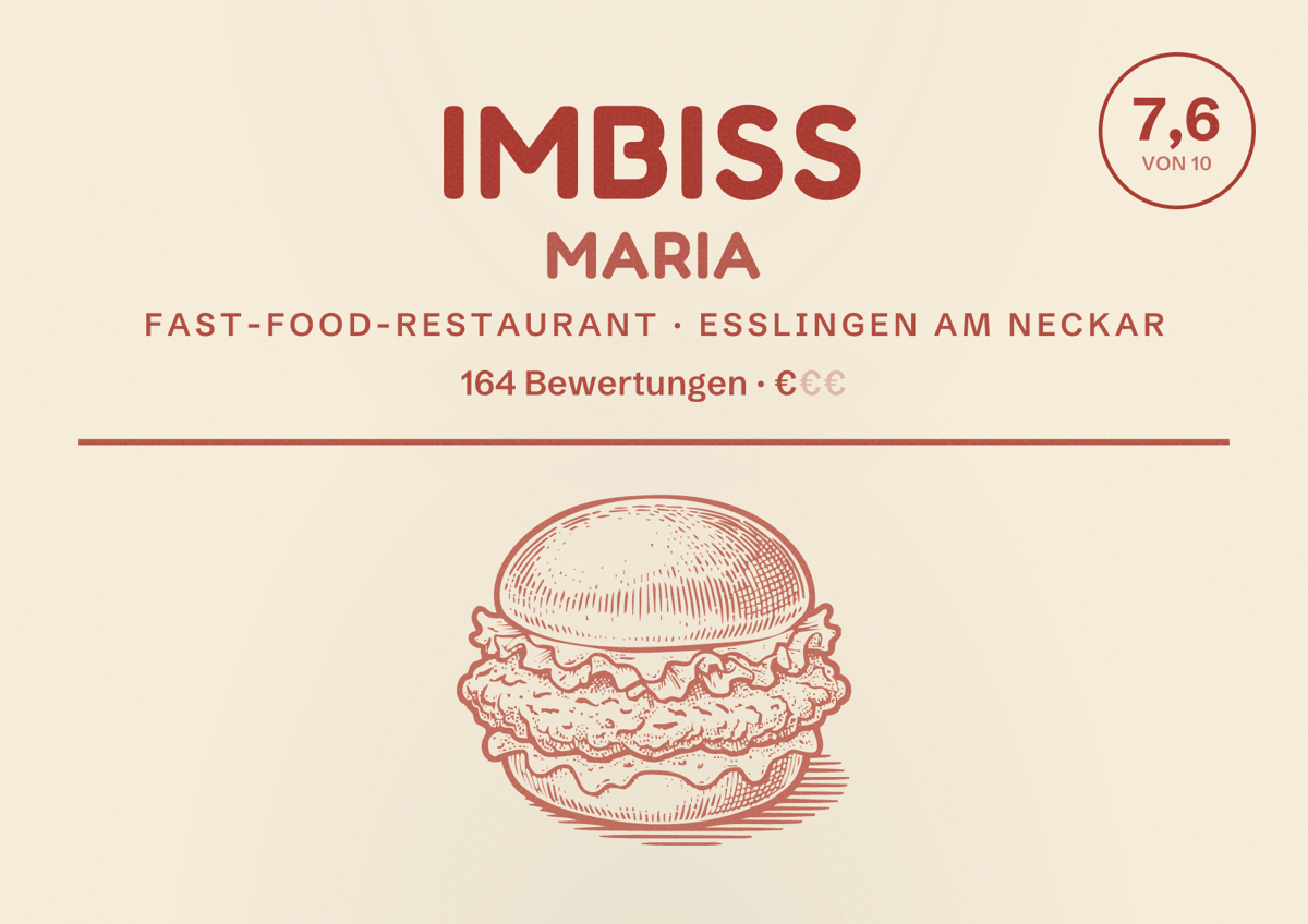 Illustriertes Poster von Imbiss Maria, Fast-Food-Restaurant in Esslingen am Neckar: Bewertung 7,6 von 10 aus 164 Bewertungen, Preisniveau €