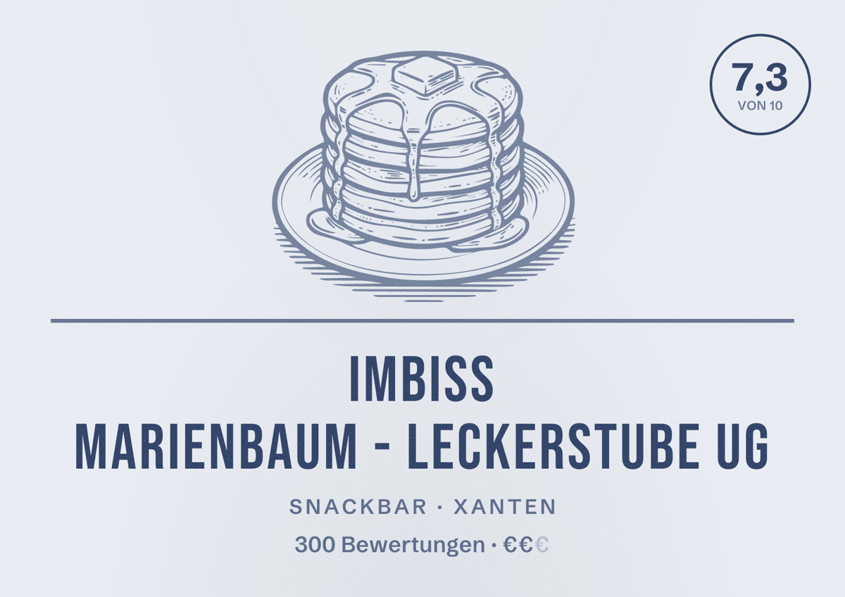 Illustriertes Poster von Imbiss Marienbaum - Leckerstube UG, Snackbar in Xanten: Bewertung 7,3 von 10 aus 300 Bewertungen, Preisniveau €€