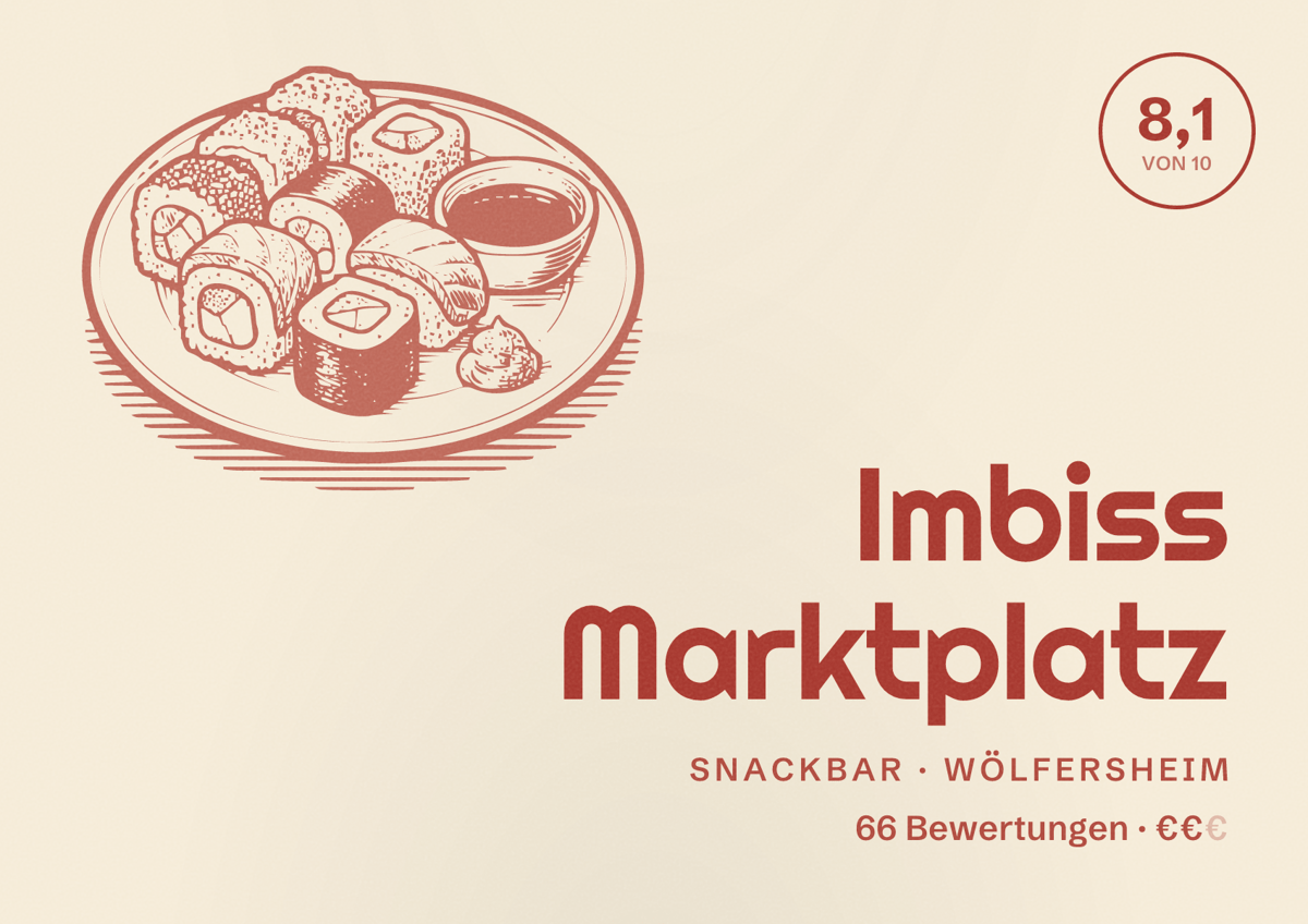 Illustriertes Poster von Imbiss Marktplatz, Snackbar in Wölfersheim: Bewertung 8,1 von 10 aus 66 Bewertungen, Preisniveau €€