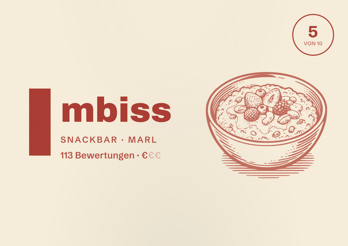 Illustriertes Poster von Imbiss, Snackbar in Marl: Bewertung 5 von 10 aus 113 Bewertungen, Preisniveau €
