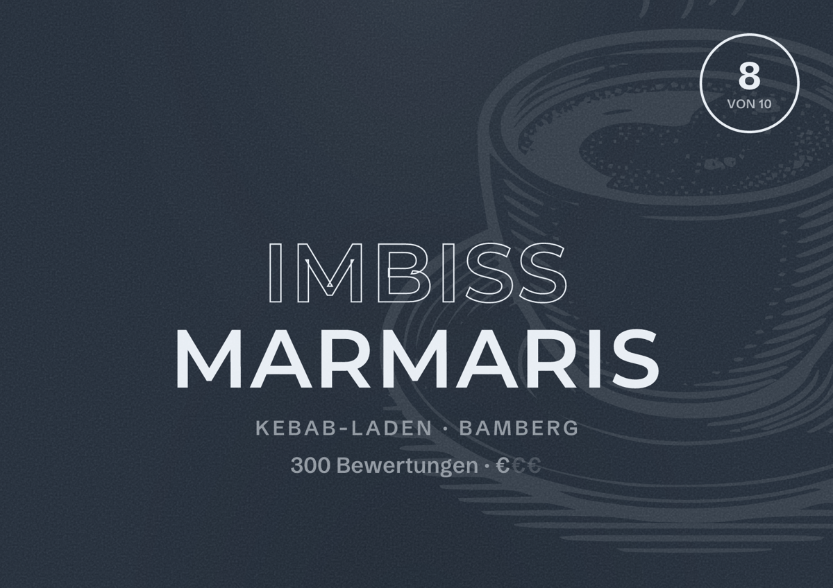 Illustriertes Poster von Imbiss Marmaris, Kebab-Laden in Bamberg: Bewertung 8 von 10 aus 300 Bewertungen, Preisniveau €