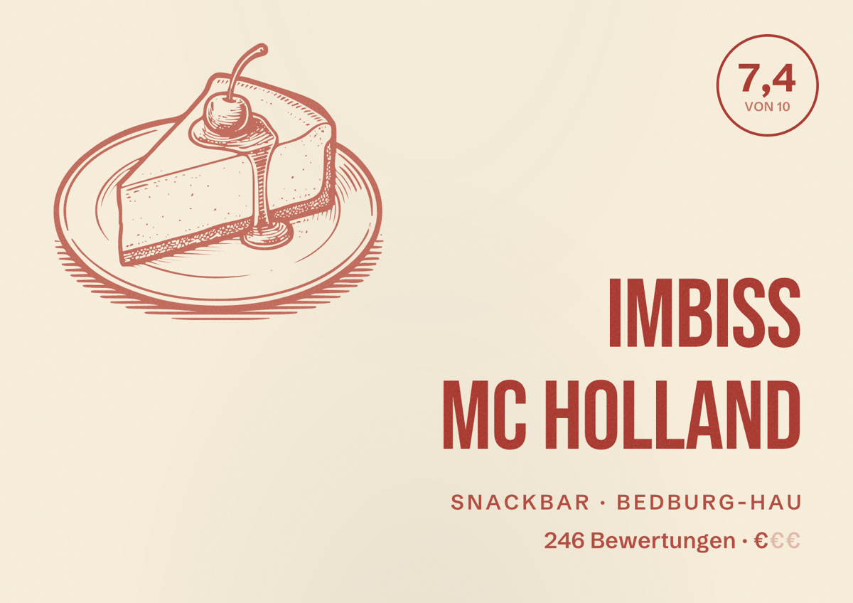 Illustriertes Poster von Imbiss Mc Holland, Snackbar in Bedburg-Hau: Bewertung 7,4 von 10 aus 246 Bewertungen, Preisniveau €