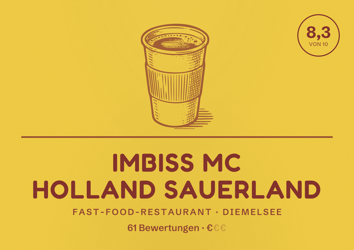 Illustriertes Poster von Imbiss Mc Holland Sauerland, Fast-Food-Restaurant in Diemelsee: Bewertung 8,3 von 10 aus 61 Bewertungen, Preisniveau €