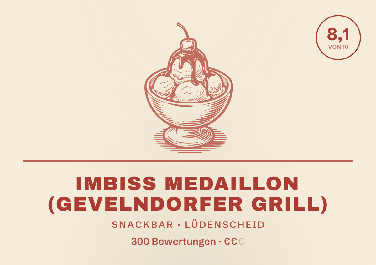 Illustriertes Poster von Imbiss Medaillon (Gevelndorfer Grill), Snackbar in Lüdenscheid: Bewertung 8,1 von 10 aus 300 Bewertungen, Preisniveau €€