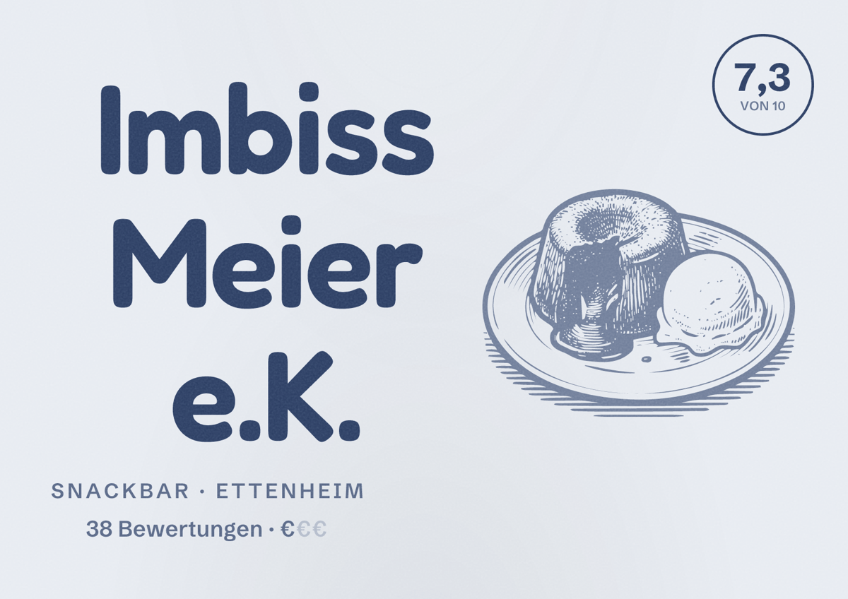 Illustriertes Poster von Imbiss Meier e.K., Snackbar in Ettenheim: Bewertung 7,3 von 10 aus 38 Bewertungen, Preisniveau €