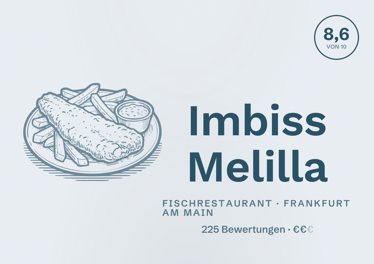 Illustriertes Poster von Imbiss Melilla, Fischrestaurant in Frankfurt am Main: Bewertung 8,6 von 10 aus 225 Bewertungen, Preisniveau €€