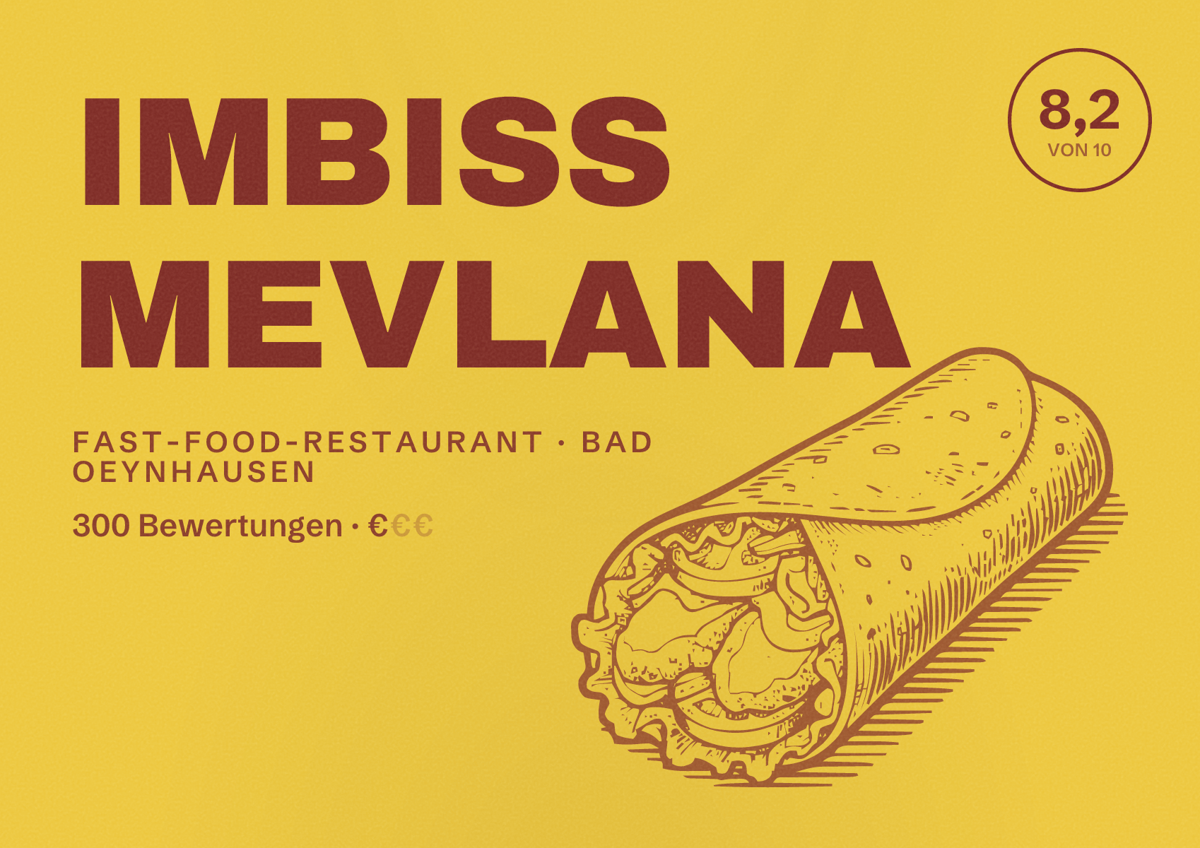 Illustriertes Poster von IMBISS MEVLANA, Fast-Food-Restaurant in Bad Oeynhausen: Bewertung 8,2 von 10 aus 300 Bewertungen, Preisniveau €