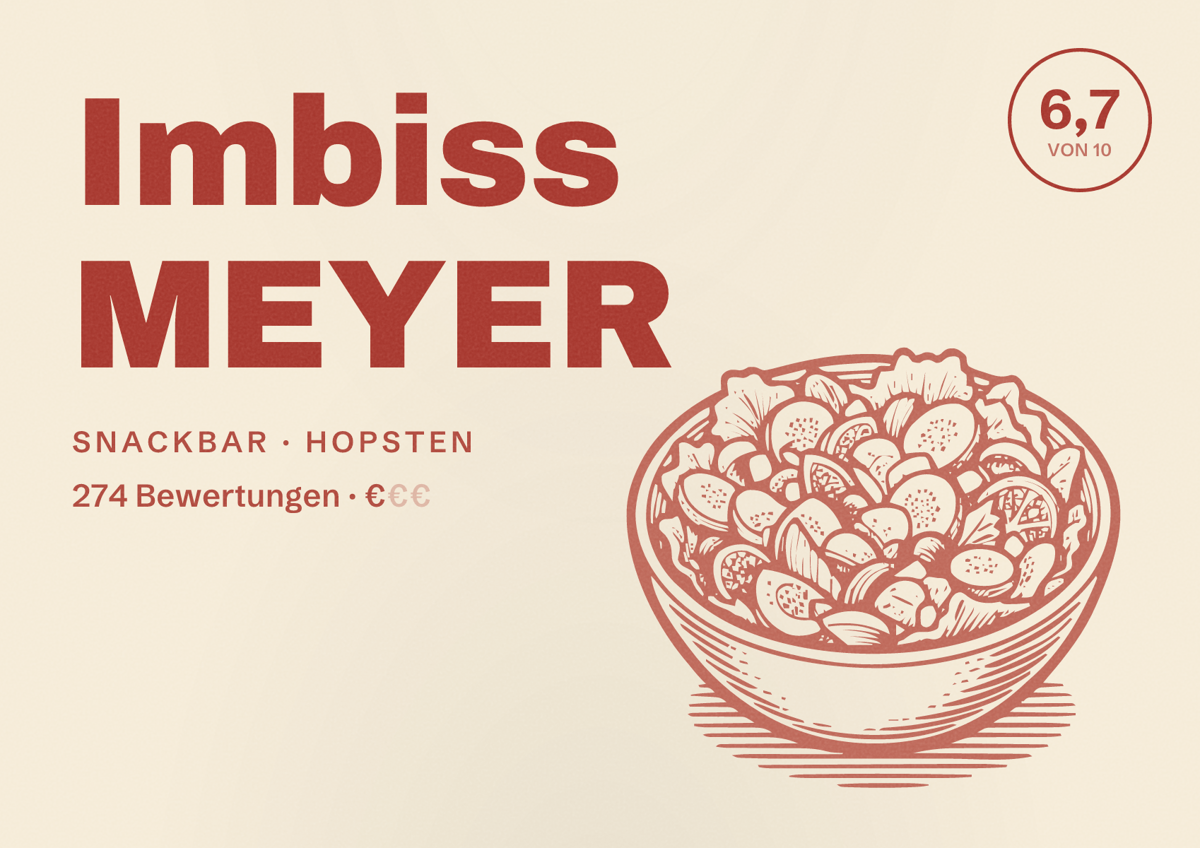 Illustriertes Poster von Imbiss MEYER, Snackbar in Hopsten: Bewertung 6,7 von 10 aus 274 Bewertungen, Preisniveau €