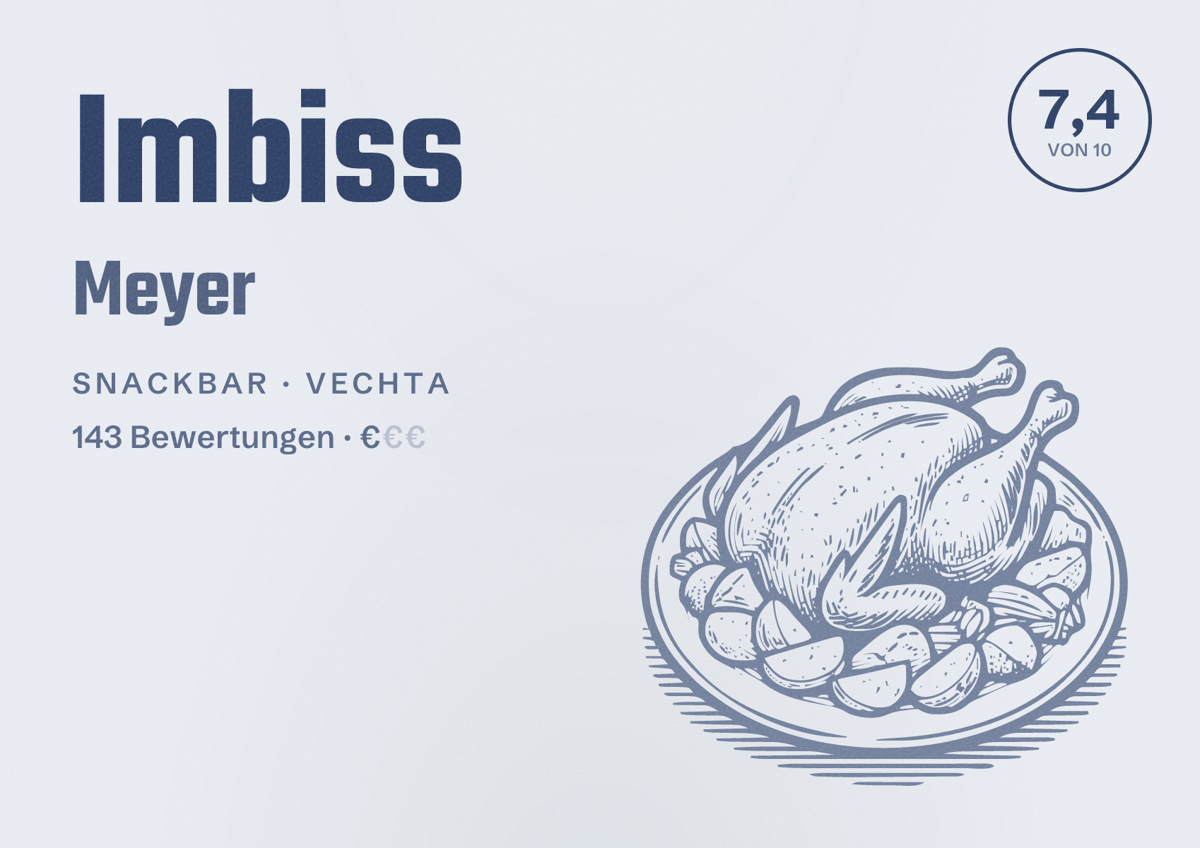 Illustriertes Poster von Imbiss Meyer, Snackbar in Vechta: Bewertung 7,4 von 10 aus 143 Bewertungen, Preisniveau €