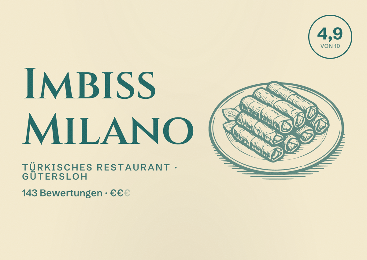 Illustriertes Poster von Imbiss Milano, Türkisches Restaurant in Gütersloh: Bewertung 4,9 von 10 aus 143 Bewertungen, Preisniveau €€