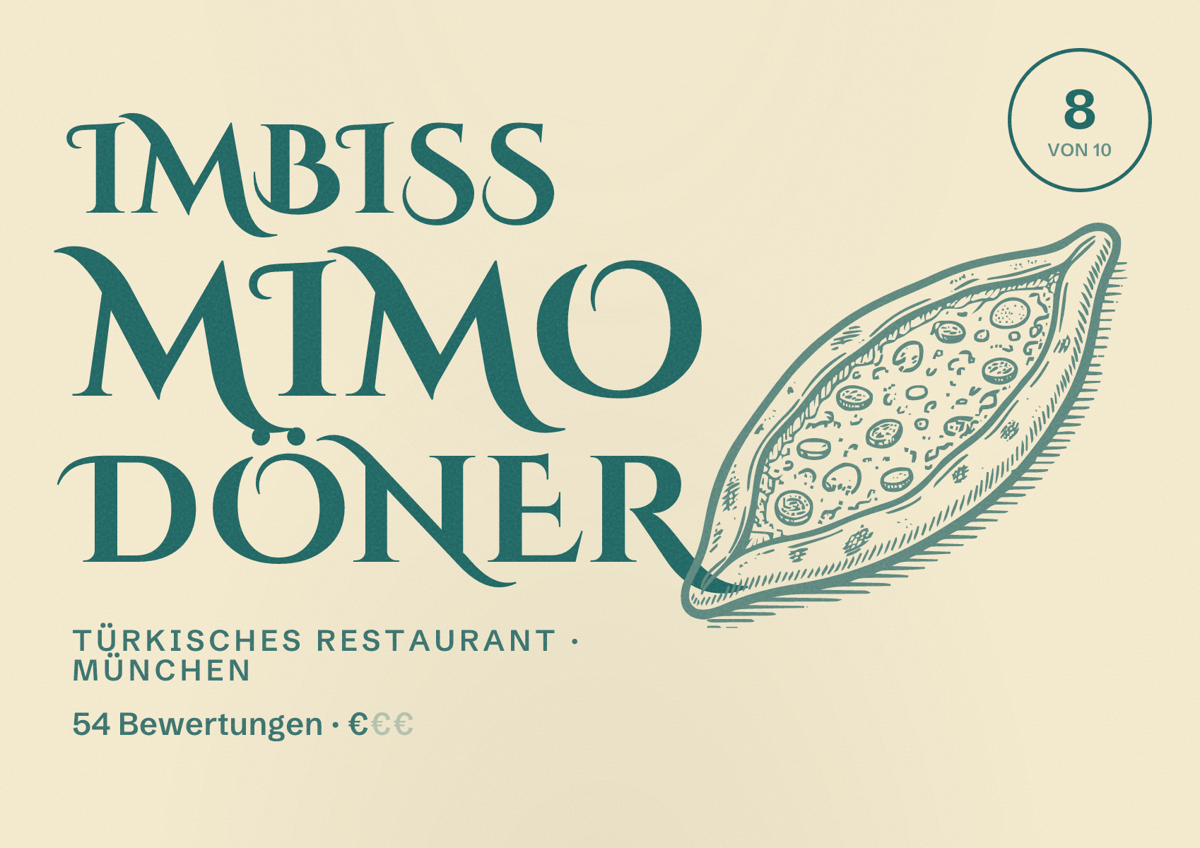 Illustriertes Poster von Imbiss Mimo Döner, Türkisches Restaurant in München: Bewertung 8,0 von 10 aus 54 Bewertungen, Preisniveau €