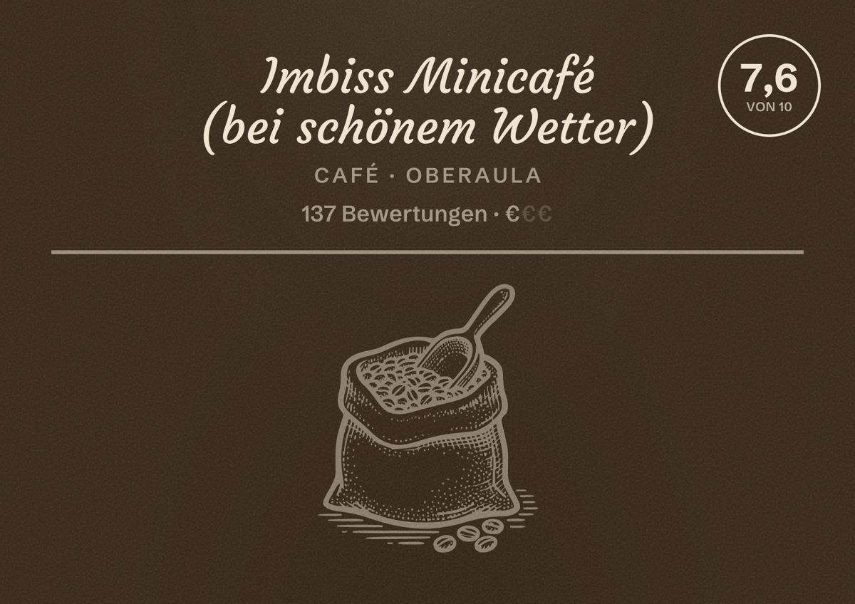 Illustriertes Poster von Imbiss Minicafé (bei schönem Wetter), Café in Oberaula: Bewertung 7,6 von 10 aus 137 Bewertungen, Preisniveau €