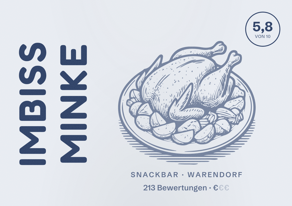 Illustriertes Poster von Imbiss Minke, Snackbar in Warendorf: Bewertung 5,8 von 10 aus 213 Bewertungen, Preisniveau €