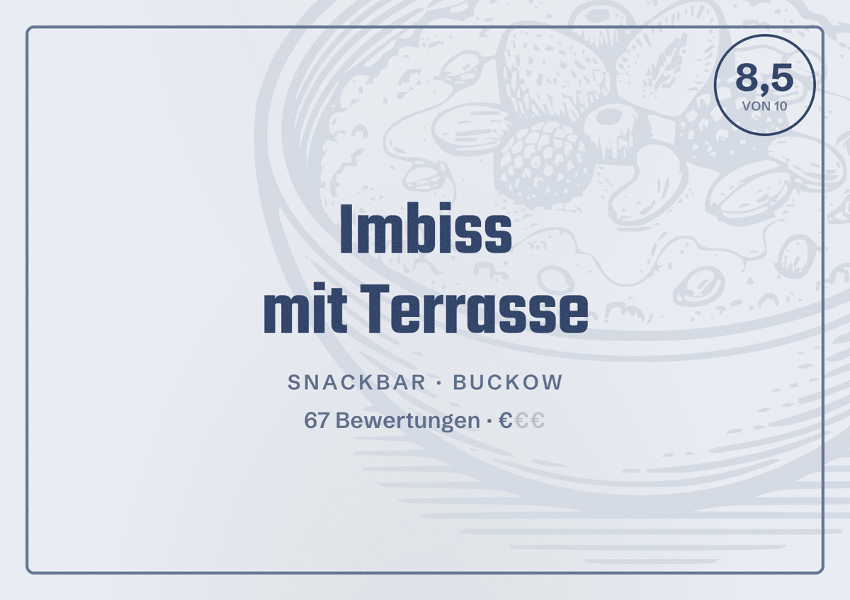 Illustriertes Poster von Imbiss mit Terrasse, Snackbar in Buckow: Bewertung 8,5 von 10 aus 67 Bewertungen, Preisniveau €