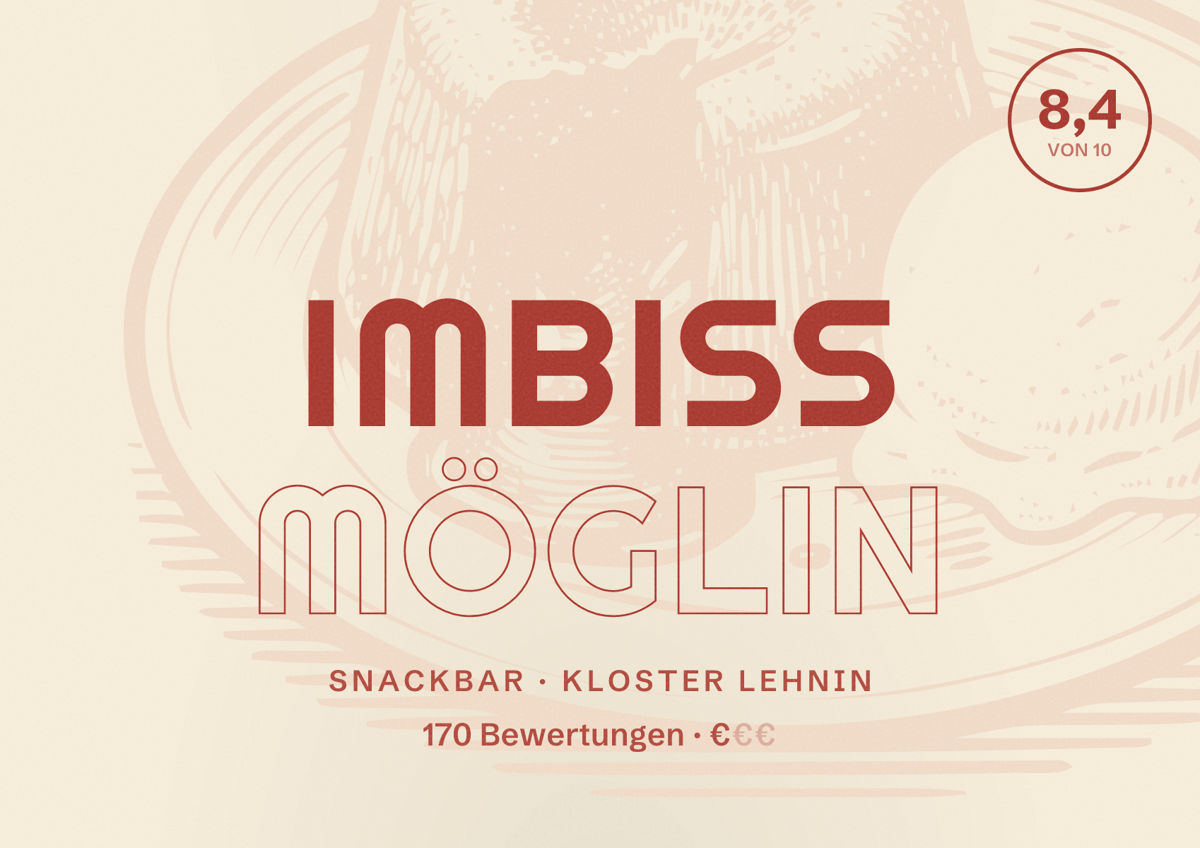 Illustriertes Poster von Imbiss Möglin, Snackbar in Kloster Lehnin: Bewertung 8,4 von 10 aus 170 Bewertungen, Preisniveau €