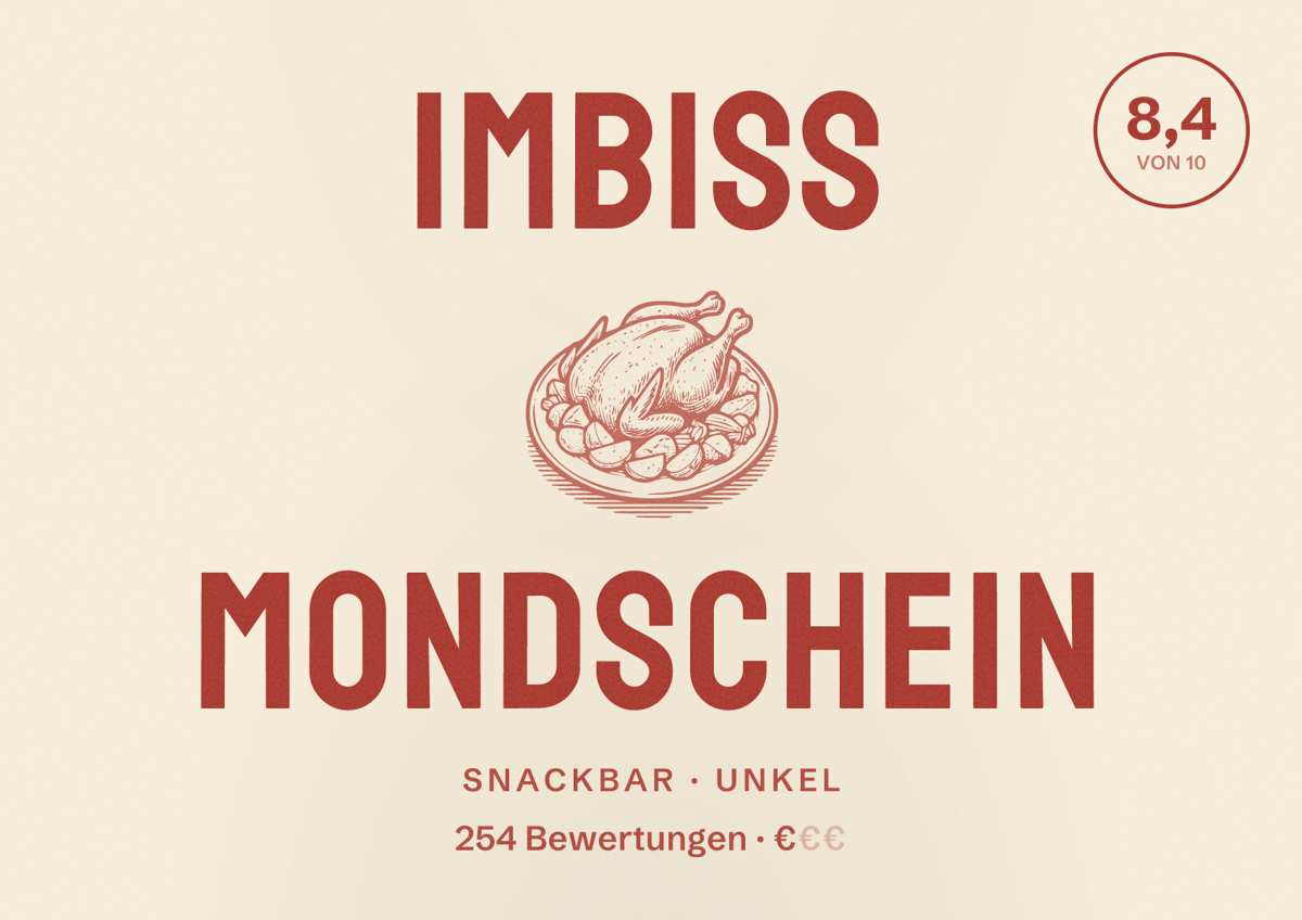 Illustriertes Poster von Imbiss Mondschein, Snackbar in Unkel: Bewertung 8,4 von 10 aus 254 Bewertungen, Preisniveau €