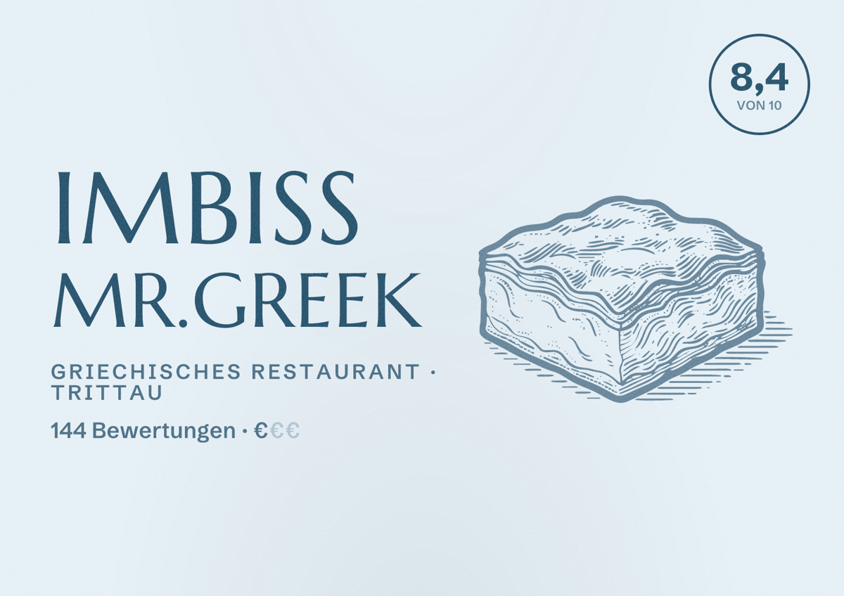Illustriertes Poster von Imbiss Mr.Greek, Griechisches Restaurant in Trittau: Bewertung 8,4 von 10 aus 144 Bewertungen, Preisniveau €