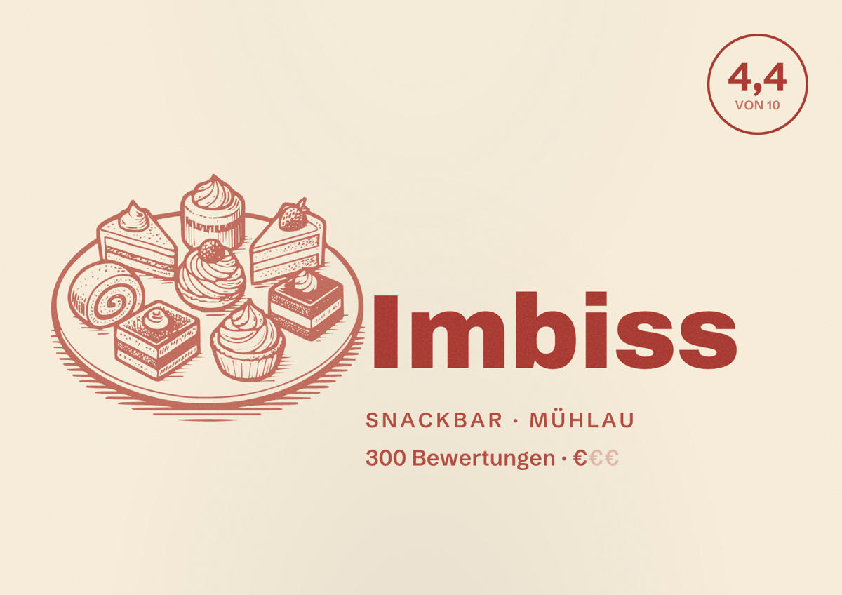 Illustriertes Poster von Imbiss, Snackbar in Mühlau: Bewertung 4,4 von 10 aus 300 Bewertungen, Preisniveau €