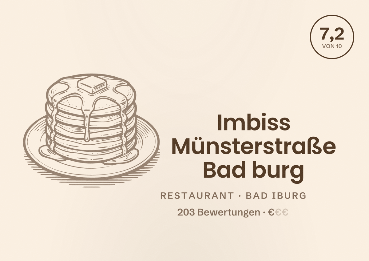 Illustriertes Poster von Imbiss Münsterstraße Bad burg, Restaurant in Bad Iburg: Bewertung 7,2 von 10 aus 203 Bewertungen, Preisniveau €