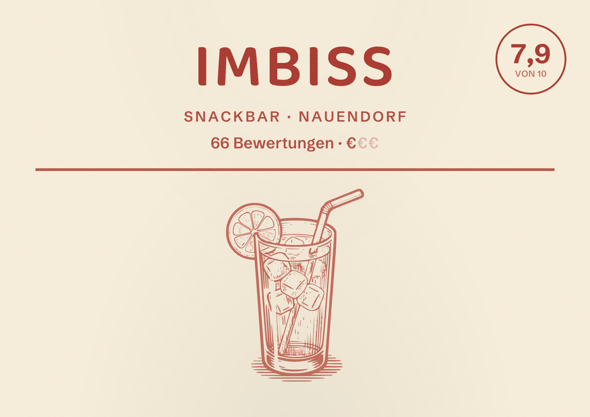 Illustriertes Poster von Imbiss, Snackbar in Nauendorf: Bewertung 7,9 von 10 aus 66 Bewertungen, Preisniveau €