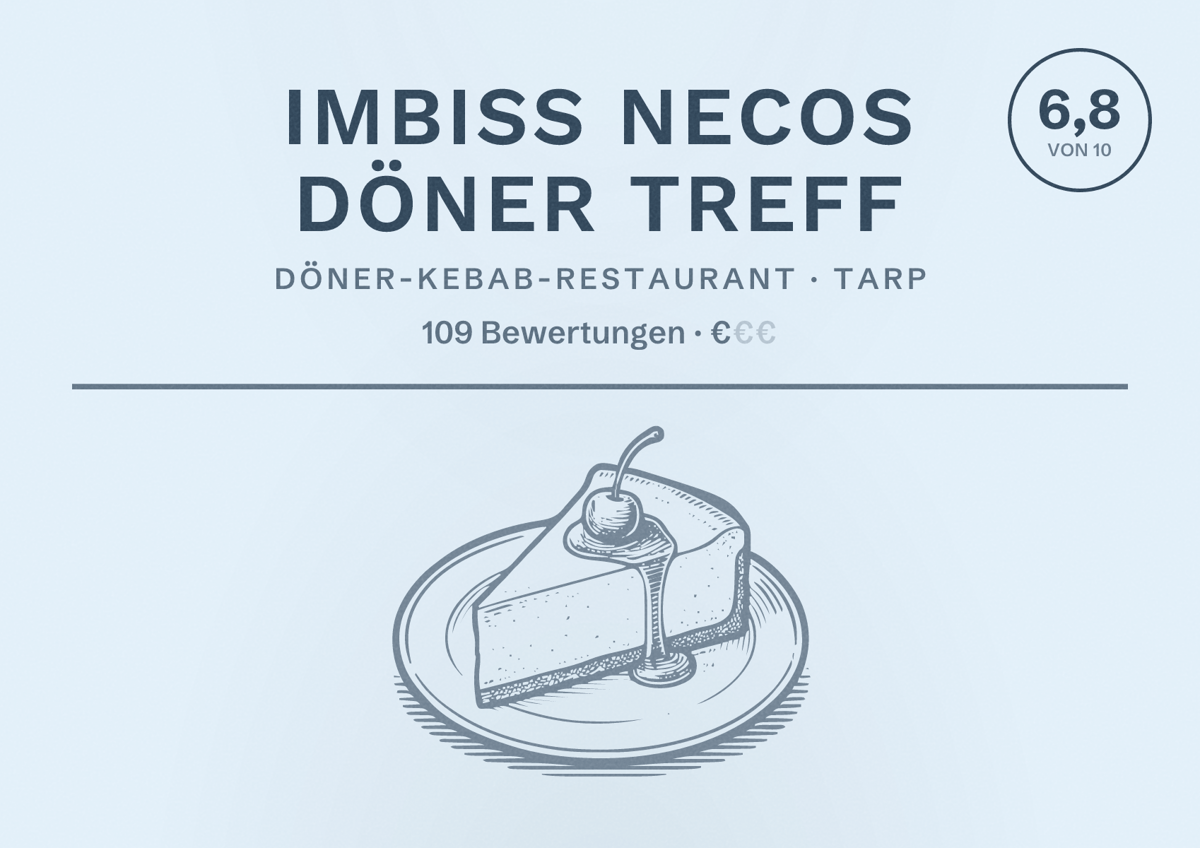 Illustriertes Poster von Imbiss Necos Döner Treff, Döner-Kebab-Restaurant in Tarp: Bewertung 6,8 von 10 aus 109 Bewertungen, Preisniveau €