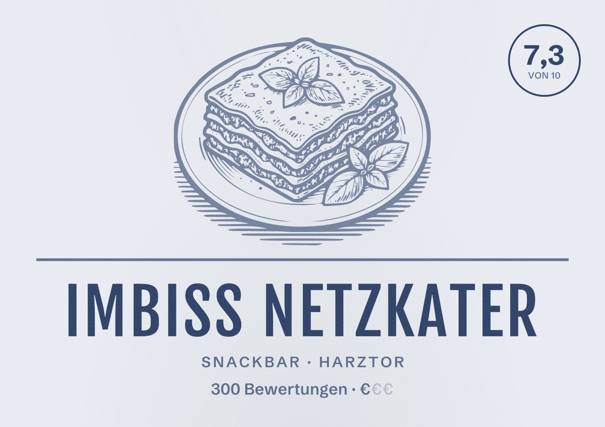 Illustriertes Poster von Imbiss Netzkater, Snackbar in Harztor: Bewertung 7,3 von 10 aus 300 Bewertungen, Preisniveau €