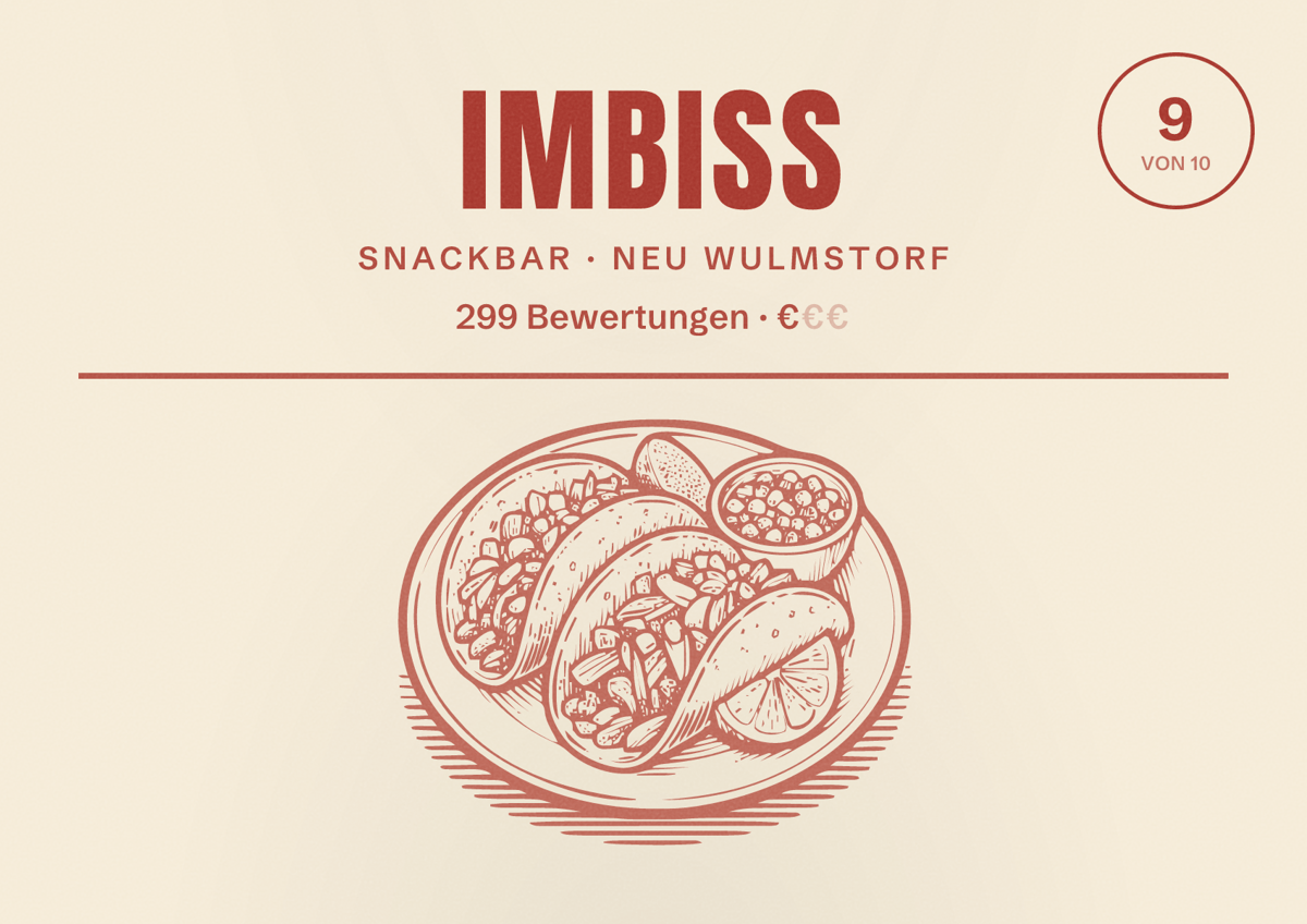 Illustriertes Poster von Imbiss, Snackbar in Neu Wulmstorf: Bewertung 9 von 10 aus 299 Bewertungen, Preisniveau €