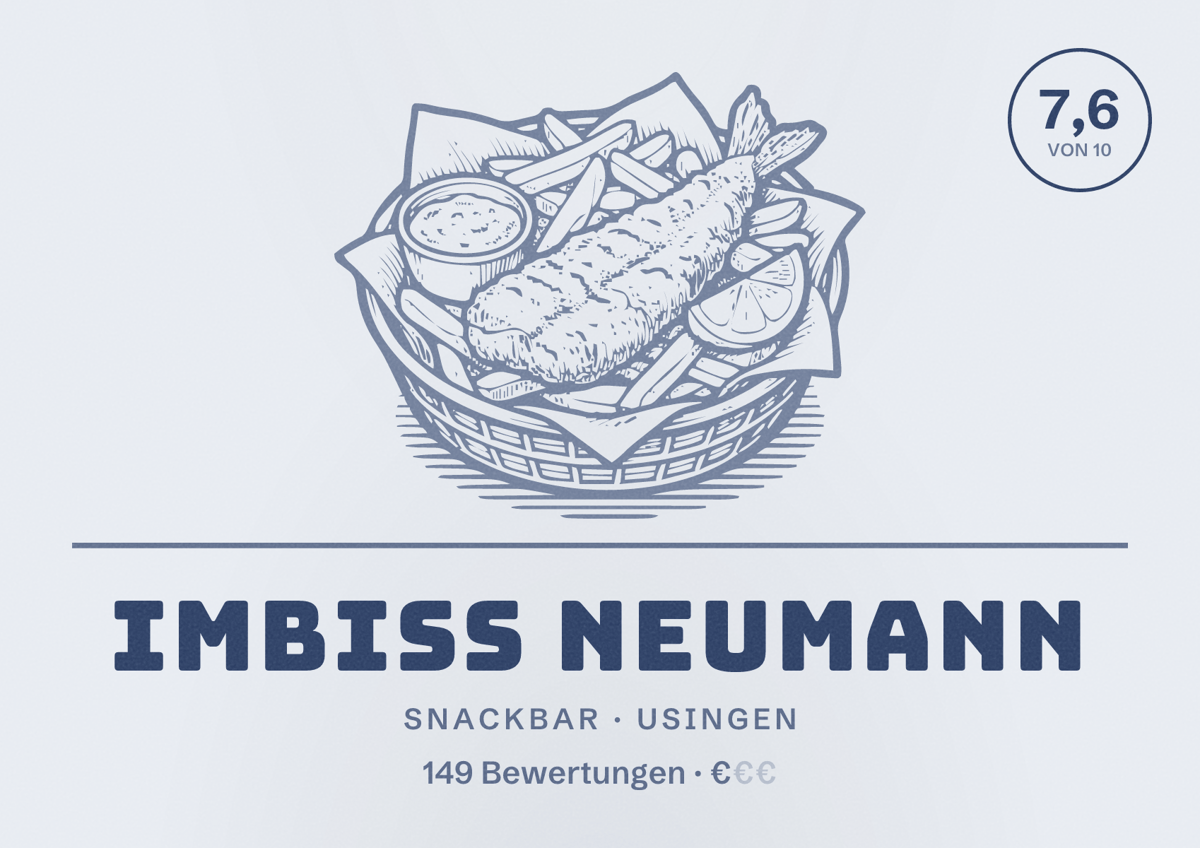 Illustriertes Poster von Imbiss Neumann, Snackbar in Usingen: Bewertung 7,6 von 10 aus 149 Bewertungen, Preisniveau €