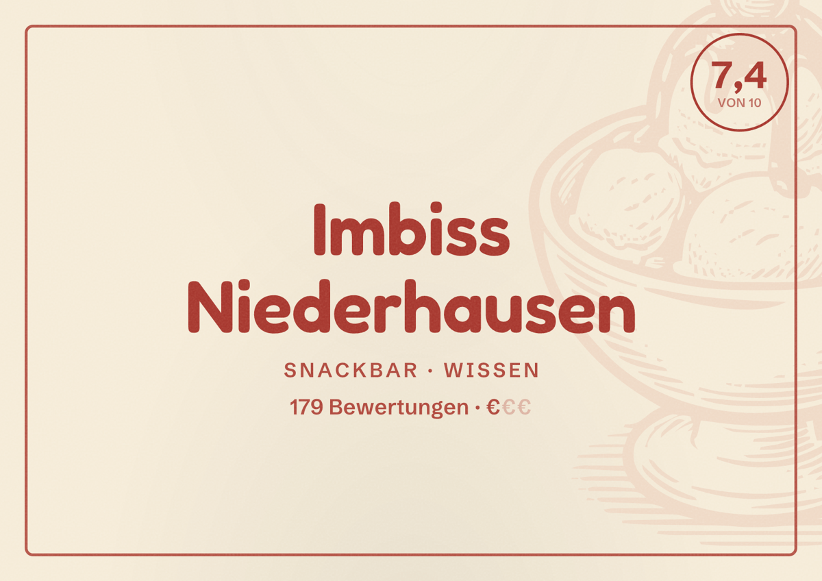 Illustriertes Poster von Imbiss Niederhausen, Snackbar in Wissen: Bewertung 7,4 von 10 aus 179 Bewertungen, Preisniveau €
