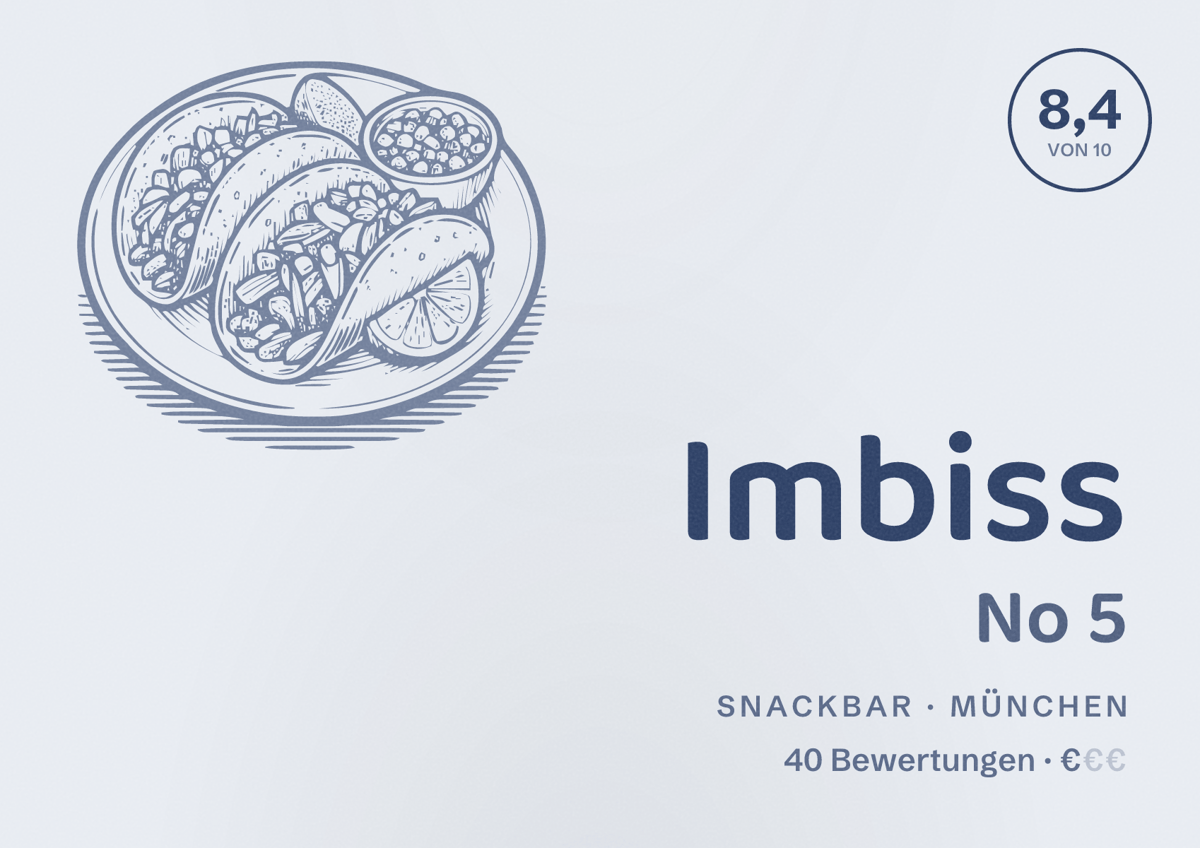 Illustriertes Poster von Imbiss No 5, Snackbar in München: Bewertung 8,4 von 10 aus 40 Bewertungen, Preisniveau €