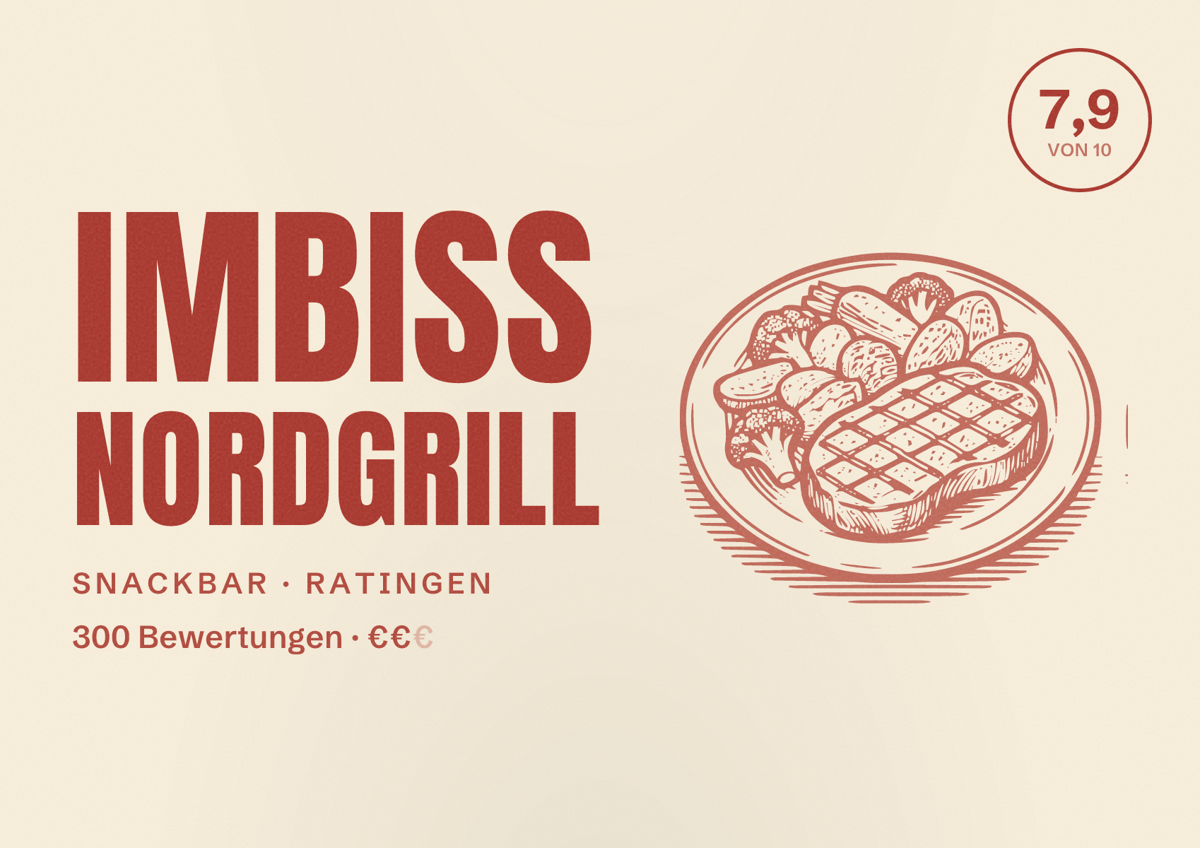 Illustriertes Poster von Imbiss Nordgrill, Snackbar in Ratingen: Bewertung 7,9 von 10 aus 300 Bewertungen, Preisniveau €€