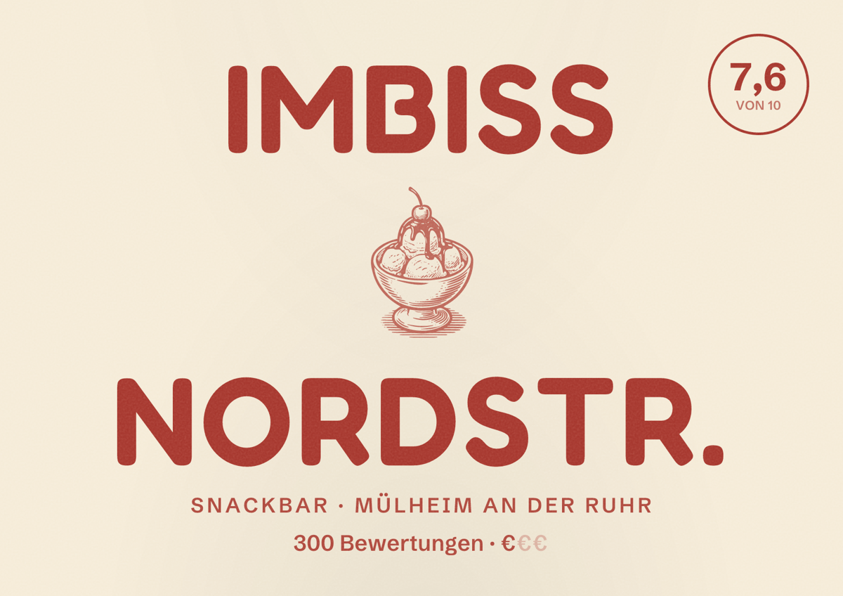 Illustriertes Poster von Imbiss Nordstr., Snackbar in Mülheim an der Ruhr: Bewertung 7,6 von 10 aus 300 Bewertungen, Preisniveau €