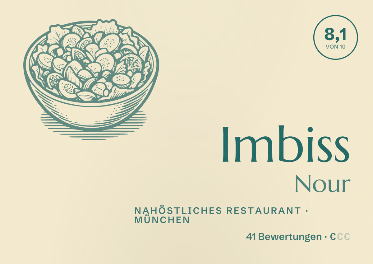 Illustriertes Poster von Imbiss Nour, Nahöstliches Restaurant in München: Bewertung 8,1 von 10 aus 41 Bewertungen, Preisniveau €