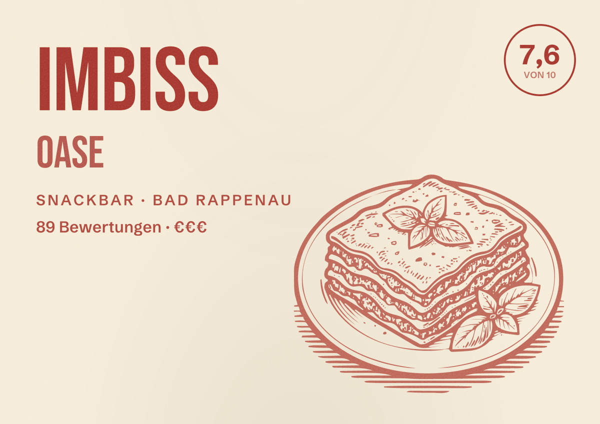 Illustriertes Poster von Imbiss Oase, Snackbar in Bad Rappenau: Bewertung 7,6 von 10 aus 89 Bewertungen, Preisniveau €€€