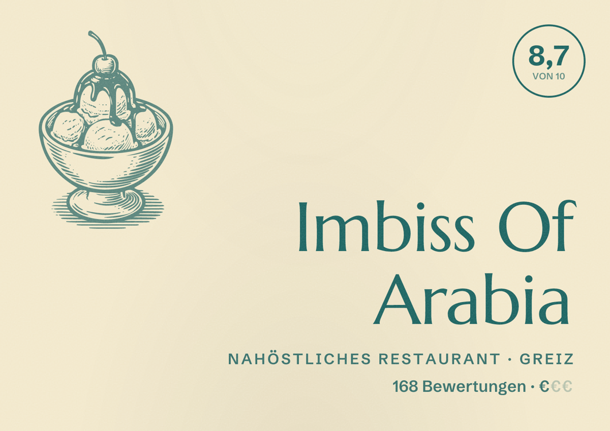 Illustriertes Poster von Imbiss Of Arabia, Nahöstliches Restaurant in Greiz: Bewertung 8,7 von 10 aus 168 Bewertungen, Preisniveau €