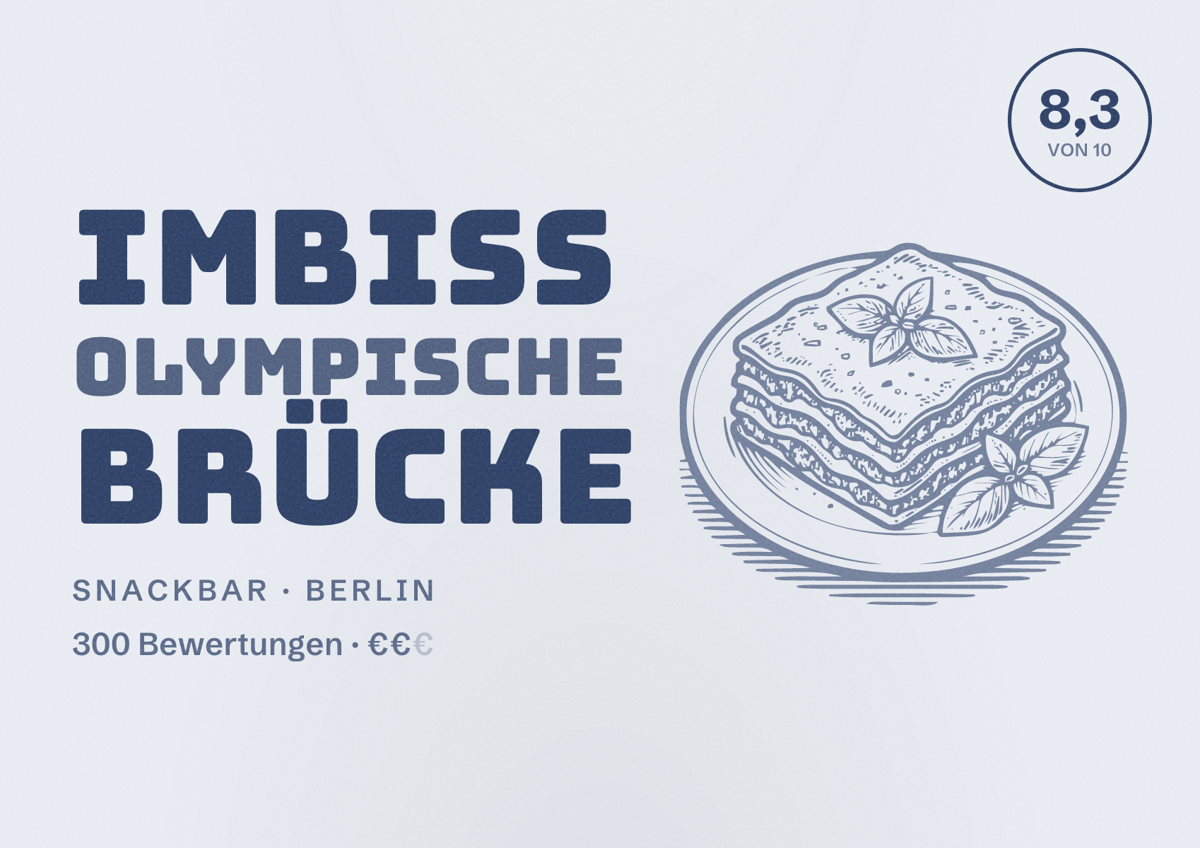 Illustriertes Poster von Imbiss Olympische Brücke, Snackbar in Berlin: Bewertung 8,3 von 10 aus 300 Bewertungen, Preisniveau €€