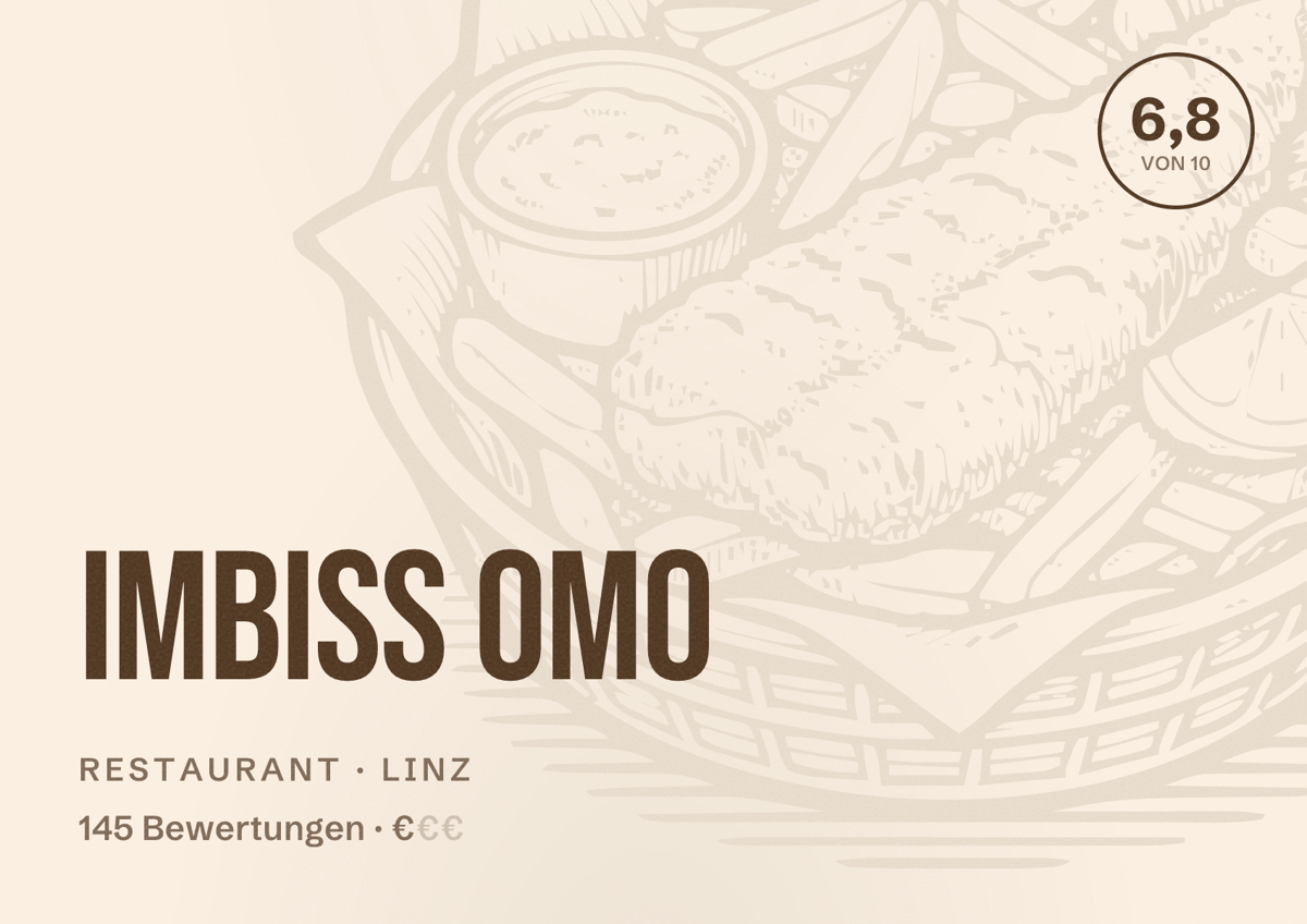 Illustriertes Poster von Imbiss Omo, Restaurant in Linz: Bewertung 6,8 von 10 aus 145 Bewertungen, Preisniveau €