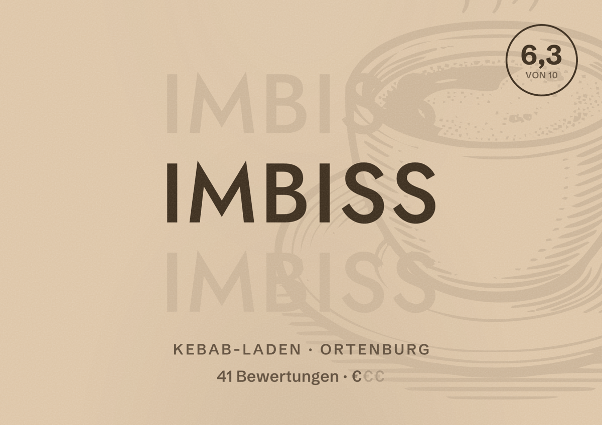 Illustriertes Poster von Imbiss, Kebab-Laden in Ortenburg: Bewertung 6,3 von 10 aus 41 Bewertungen, Preisniveau €