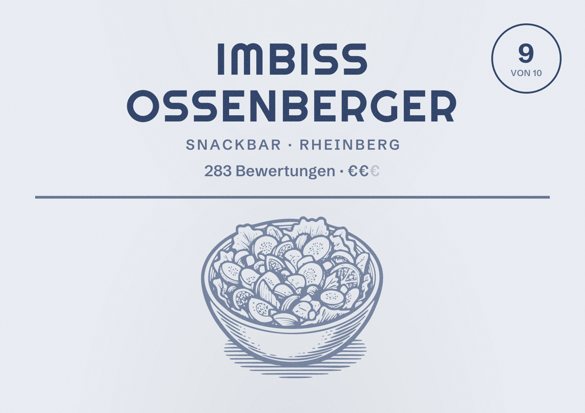 Illustriertes Poster von Imbiss Ossenberger, Snackbar in Rheinberg: Bewertung 9 von 10 aus 283 Bewertungen, Preisniveau €€