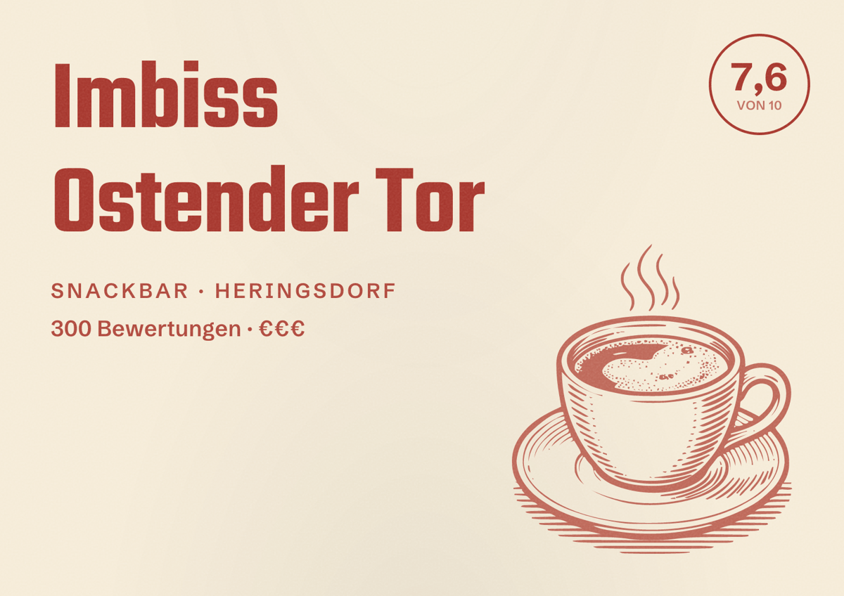 Illustriertes Poster von Imbiss Ostender Tor, Snackbar in Heringsdorf: Bewertung 7,6 von 10 aus 300 Bewertungen, Preisniveau €€€