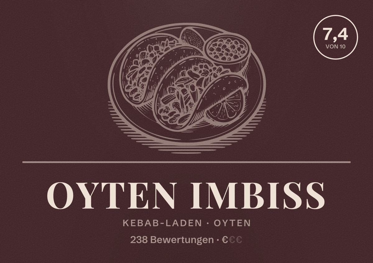 Illustriertes Poster von Oyten Imbiss, Kebab-Laden in Oyten: Bewertung 7,4 von 10 aus 238 Bewertungen, Preisniveau €